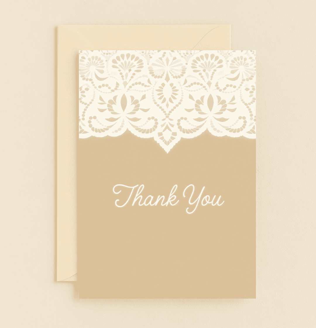 Express your appreciation with the Elegance in Gratitude Lace Card, featuring a minimalist doily pattern and elegant cursive "Thank You" on a soft brown background.