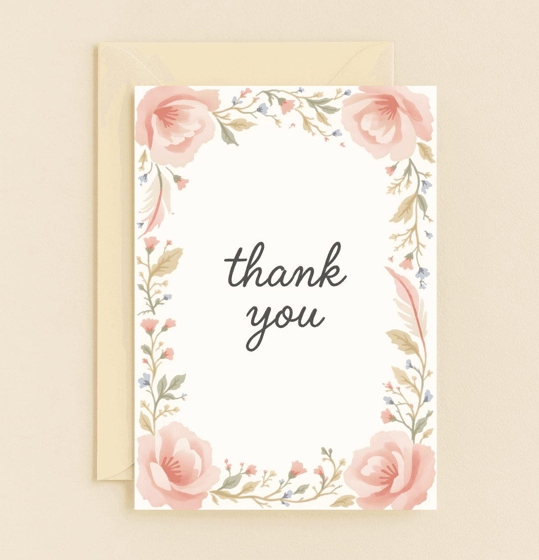 Express heartfelt thanks with the "Blossoms of Gratitude" card, featuring a delicate watercolor floral border and elegant cursive script.