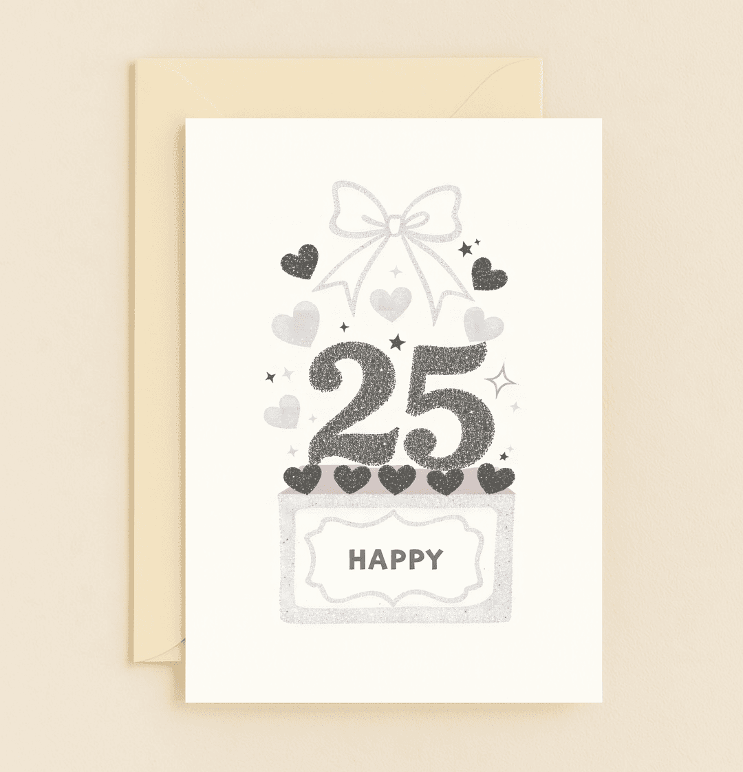 Celebrate 25 years of love with this elegant silver glitter card, featuring hearts, a bow, and the milestone "25" in a shimmering design.