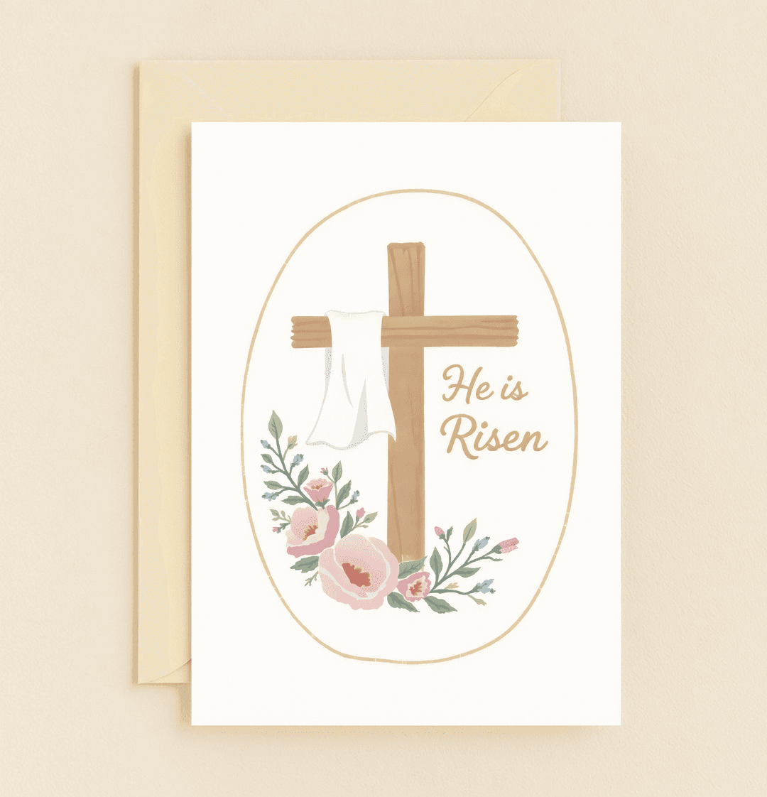 Celebrate Easter with this serene greeting card featuring a cross draped in white, surrounded by vibrant pink and blue blossoms, proclaiming "He is Risen.