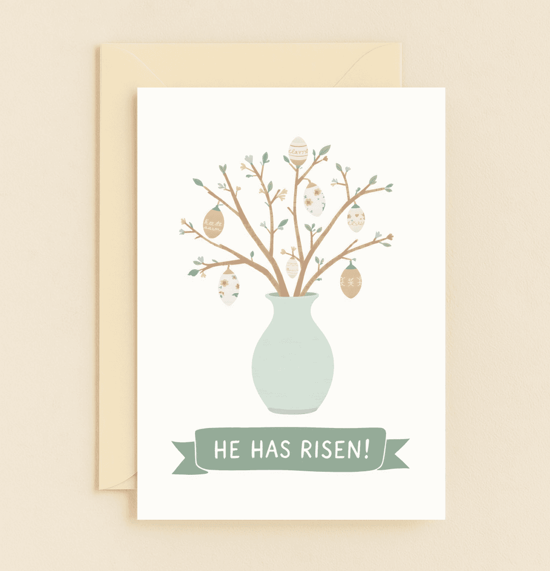 Celebrate Easter's joy with a charming card featuring pastel-decorated eggs and a "He Has Risen" banner, perfect for adding a touch of elegance to your greetings.