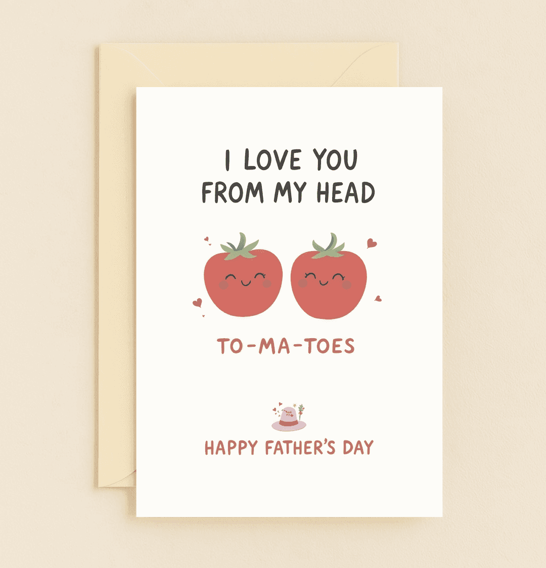 Celebrate Father's Day with a pun-filled card featuring smiling tomatoes and a charming bucket hat, perfect for dads who love playful wordplay.