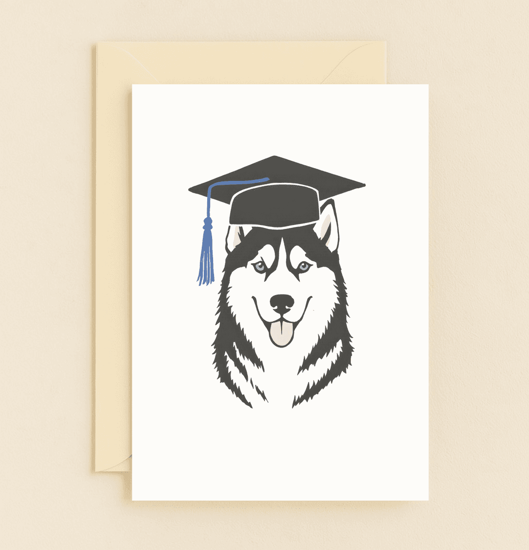 Celebrate graduation with a "Pawsome Achievements Unleashed!" card featuring a charming Siberian Husky in a cap, perfect for dog-loving grads.