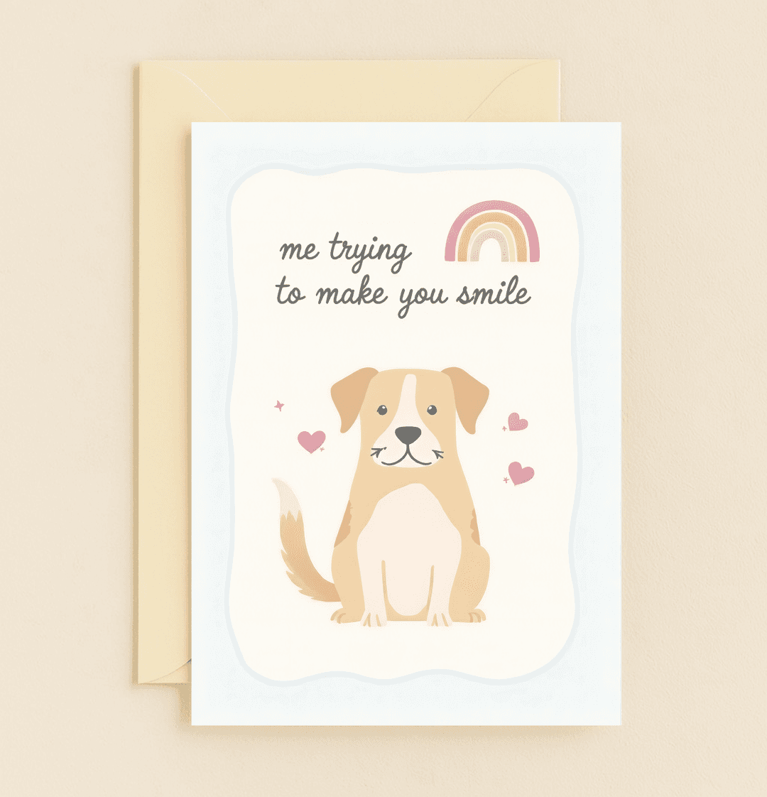 Bring joy and gratitude with our "Paws-itively Heartwarming Smiles" card featuring a cheerful dog, pastel rainbow, and playful wordplay to brighten anyone's day.