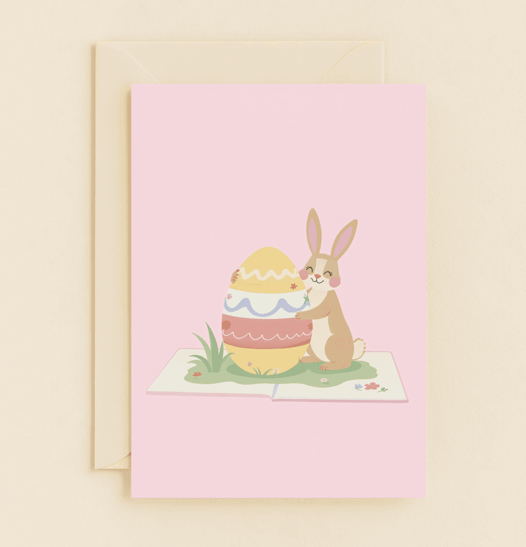 Celebrate Easter with a playful card featuring a cute bunny hugging a colorful Easter egg, surrounded by flowers and springtime cheer.