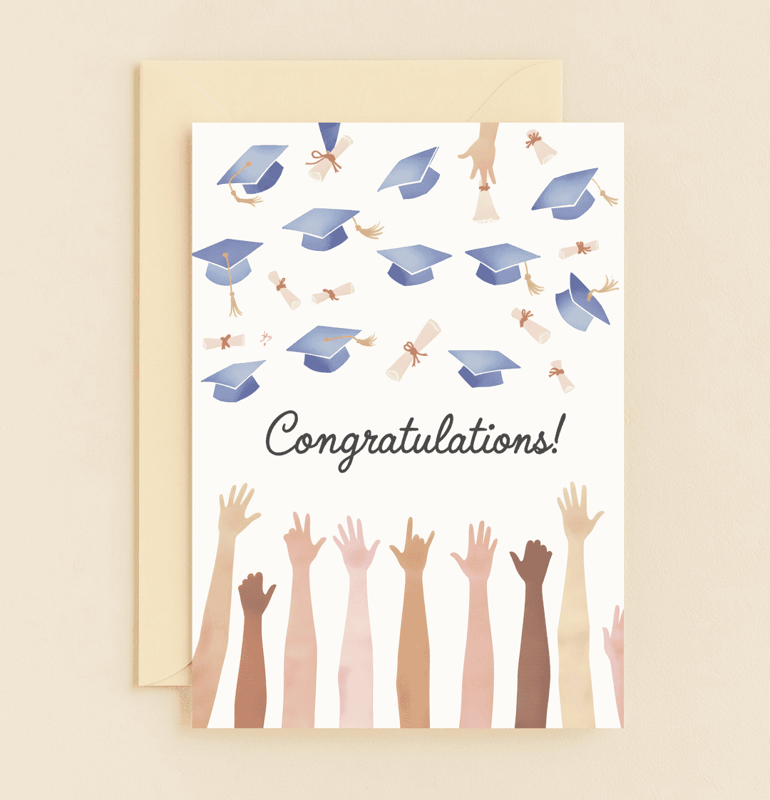 Celebrate their achievement with our vibrant "Hats Off to Your Success!" card, featuring diverse hands, flying caps, and diplomas in a jubilant scene.