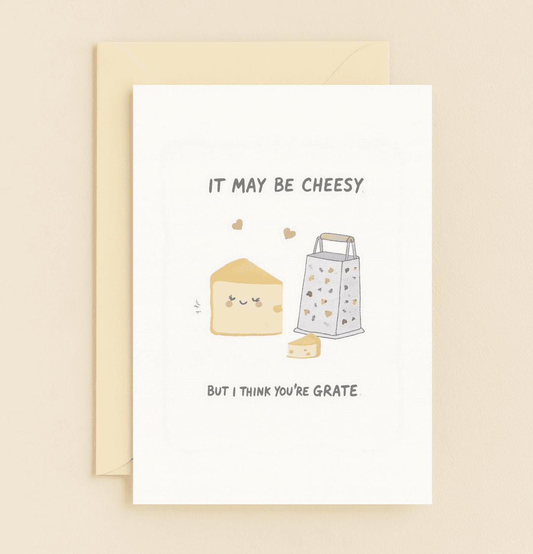 Celebrate Valentine's Day with a pun-tastic card featuring adorable cartoon cheese and grater, perfect for sharing cheesy affection with someone "grate"!.