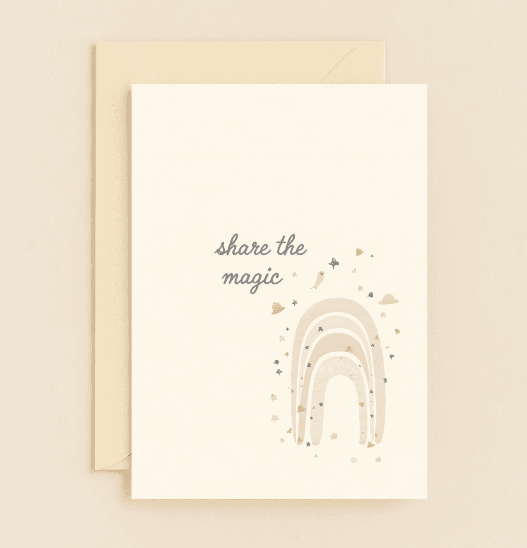 Express heartfelt thanks with a pastel rainbow card, adorned with stars and hearts, inviting you to "share the magic" and uplift spirits.