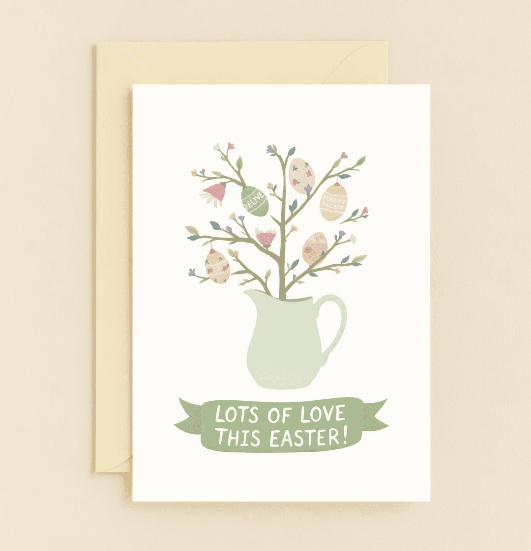 Celebrate Easter with "Blooming Easter Joy," featuring a charming pastel vase adorned with patterned eggs, flowers, and a heartfelt ribbon message.