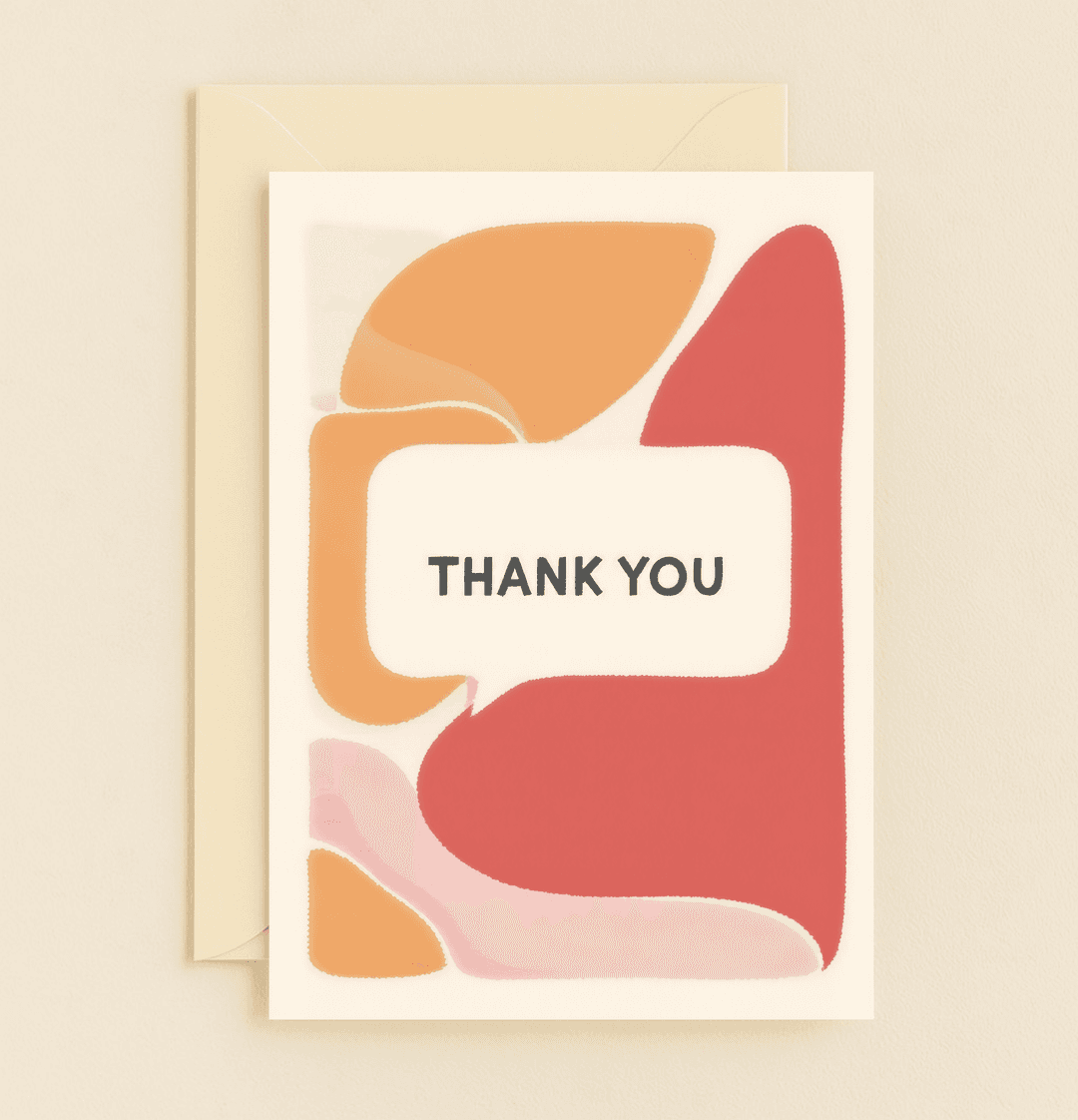 Express heartfelt thanks with a modern, minimalistic greeting card featuring bold "THANK YOU" text amidst warm abstract shapes in orange, red, and pink.