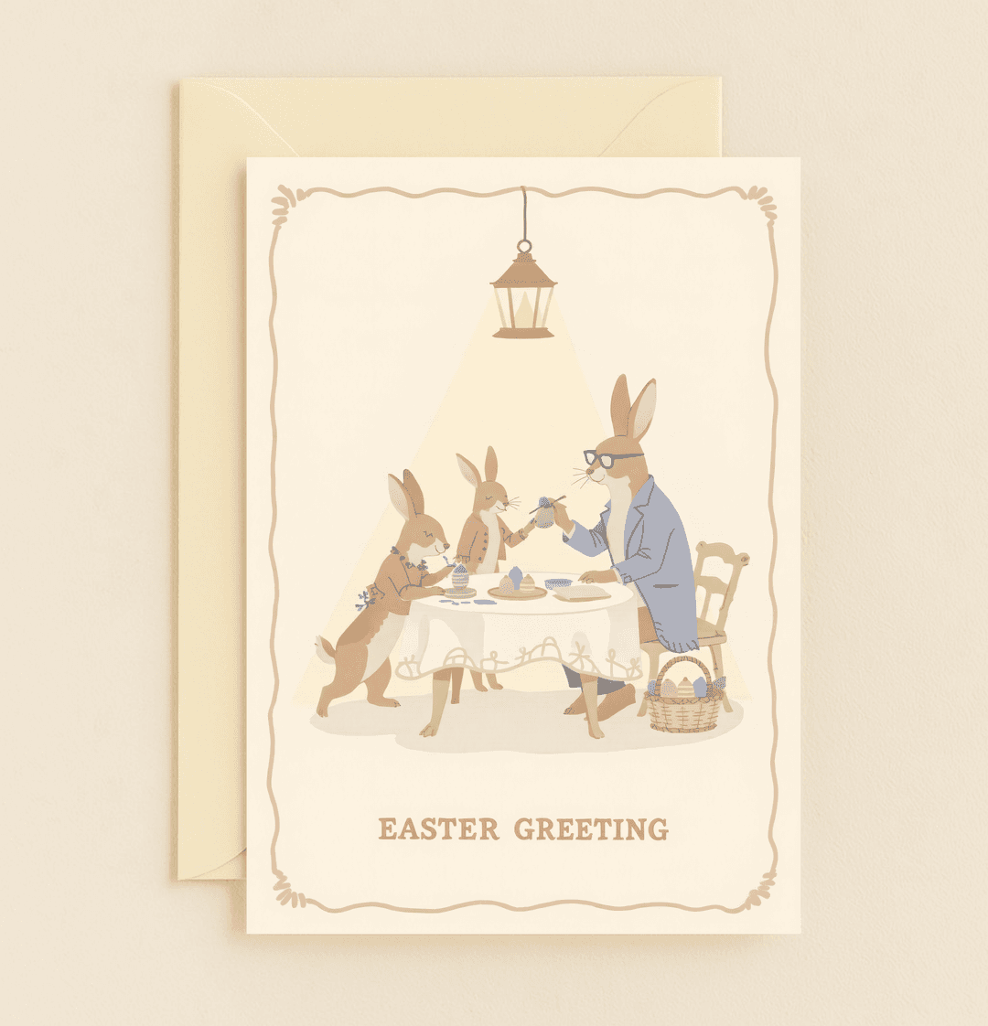 Celebrate Easter with a charming vintage card featuring a bunny family joyfully painting eggs under a cozy lamp, capturing the essence of a wholesome gathering.