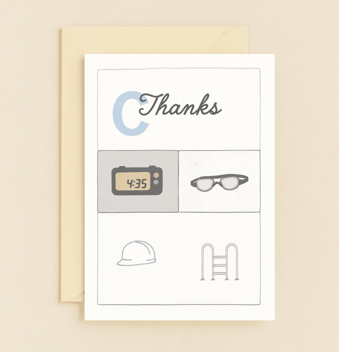 Express gratitude all day with this witty card featuring a digital clock, goggles, hard hat, and pool ladder, perfect for swimmers and builders alike.