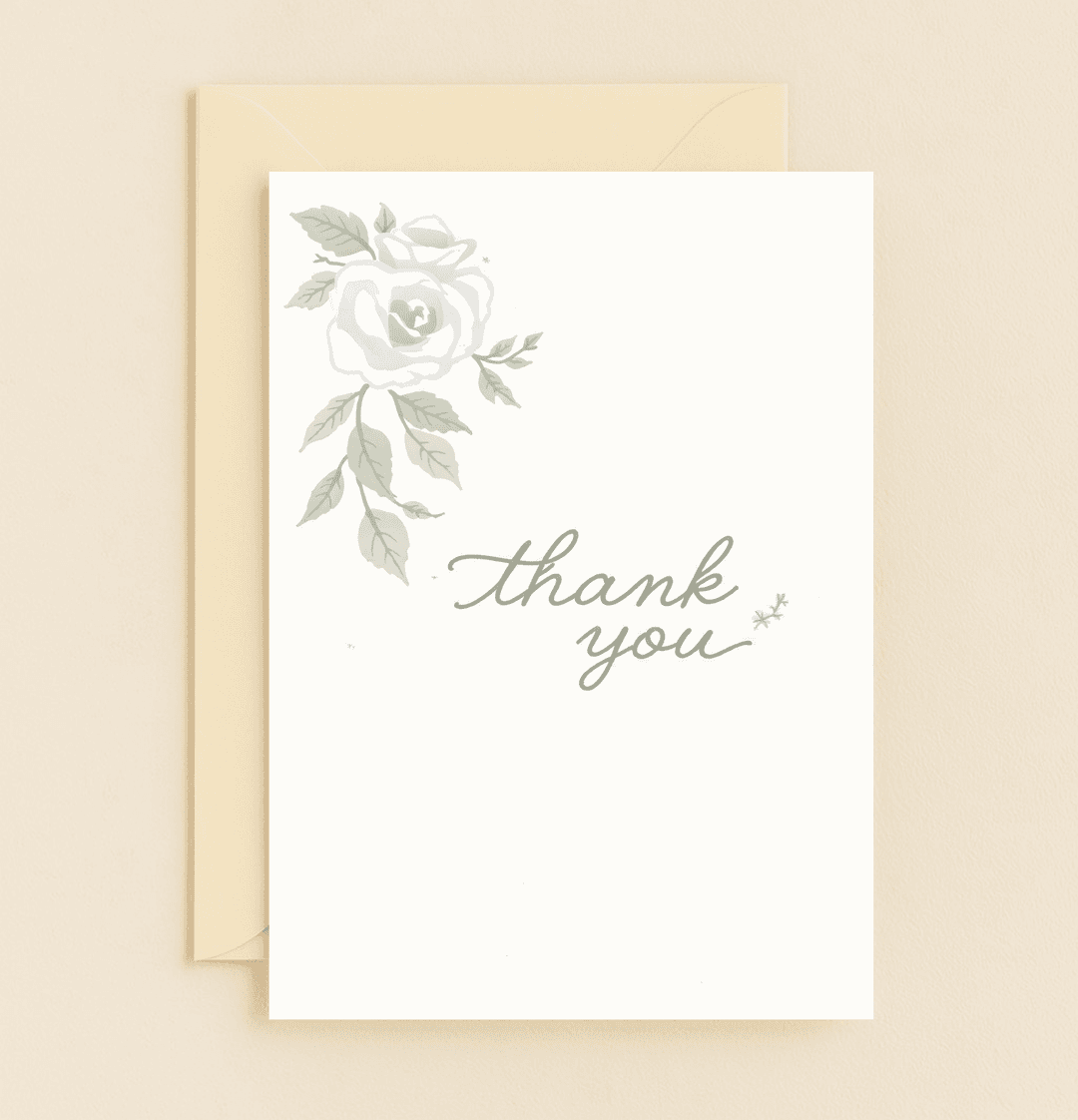 Express heartfelt thanks with the Elegant Gratitude Blooms card, featuring a minimalistic watercolor of white roses, green leaves, and blue flowers.