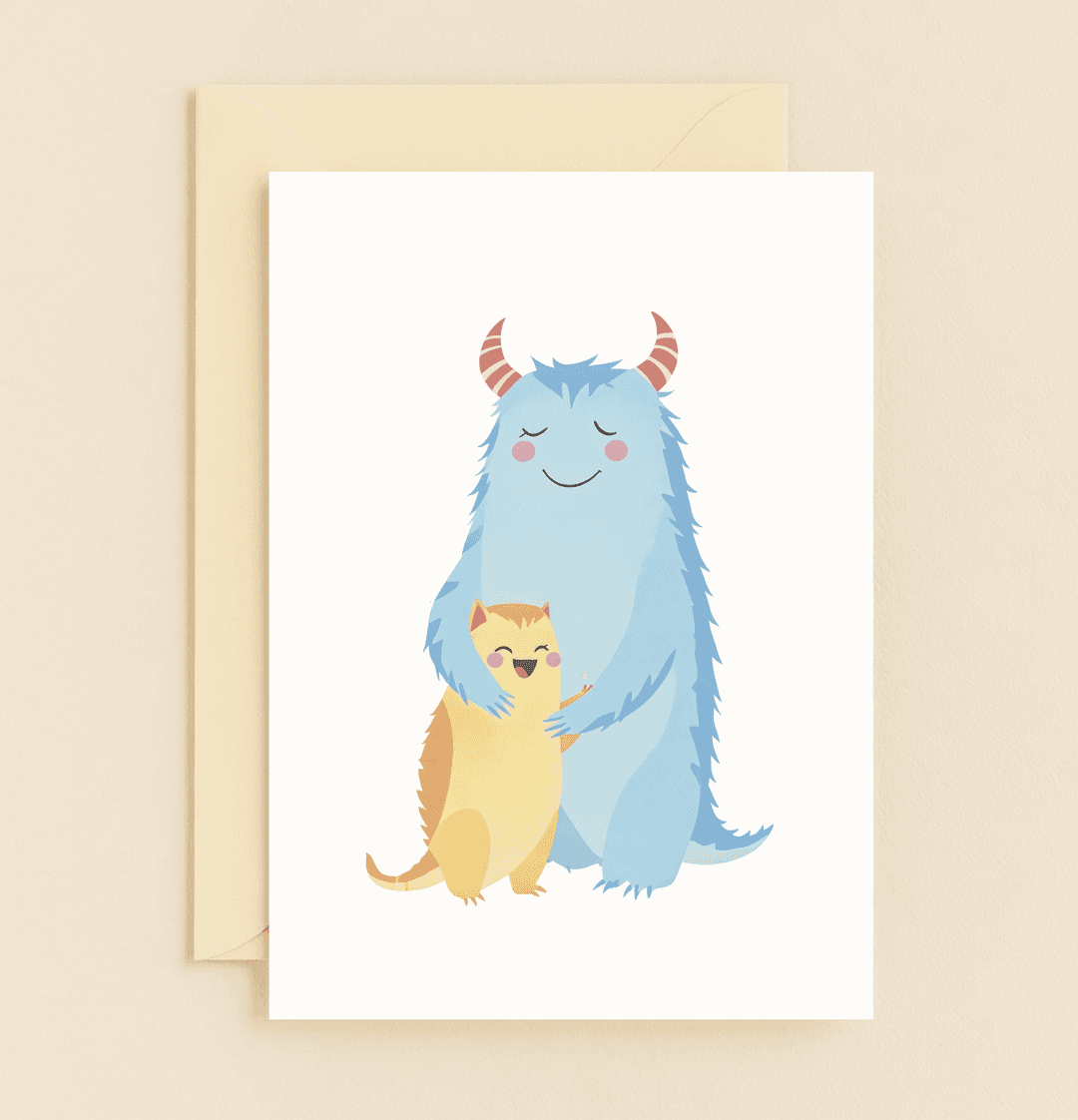 Celebrate Mother's Day with a heartwarming card featuring a fluffy blue monster and a striped kitty sharing a joyful embrace in whimsical cartoon charm.