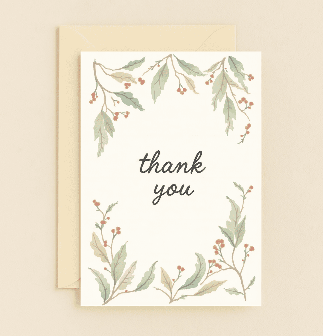 Express gratitude with "Nature's Grateful Embrace," featuring elegant watercolor leaves and berries framing hand-lettered thanks on a serene cream background.