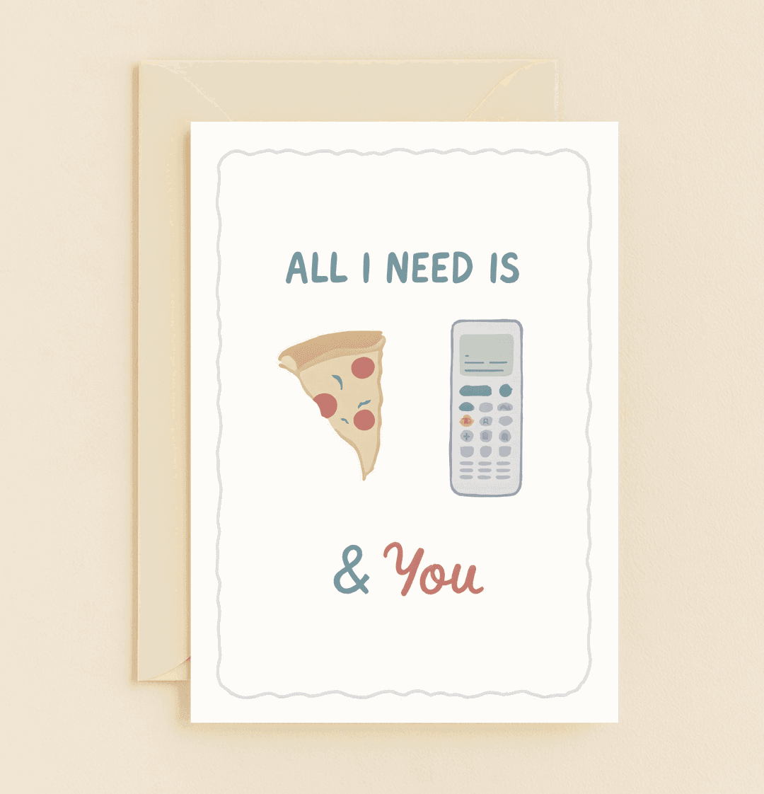 Express your gratitude with a dash of humor and charm through this card featuring pizza, TV, and the special someone who completes your perfect trio.
