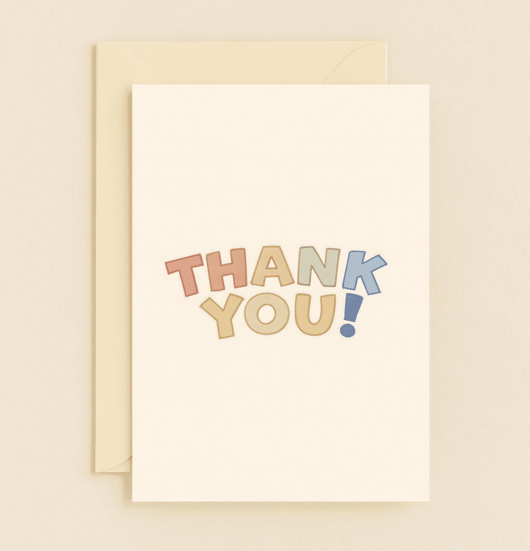 Express your gratitude with a "Vibrant Gratitude Shout-Out" card featuring bold, colorful typography on a simple cream background.