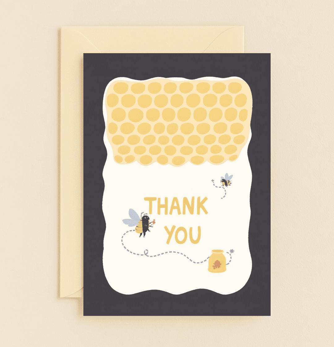 Express your gratitude with a whimsical bee-themed card featuring playful puns, buzzing bees, and a sweet honeycomb backdrop.
