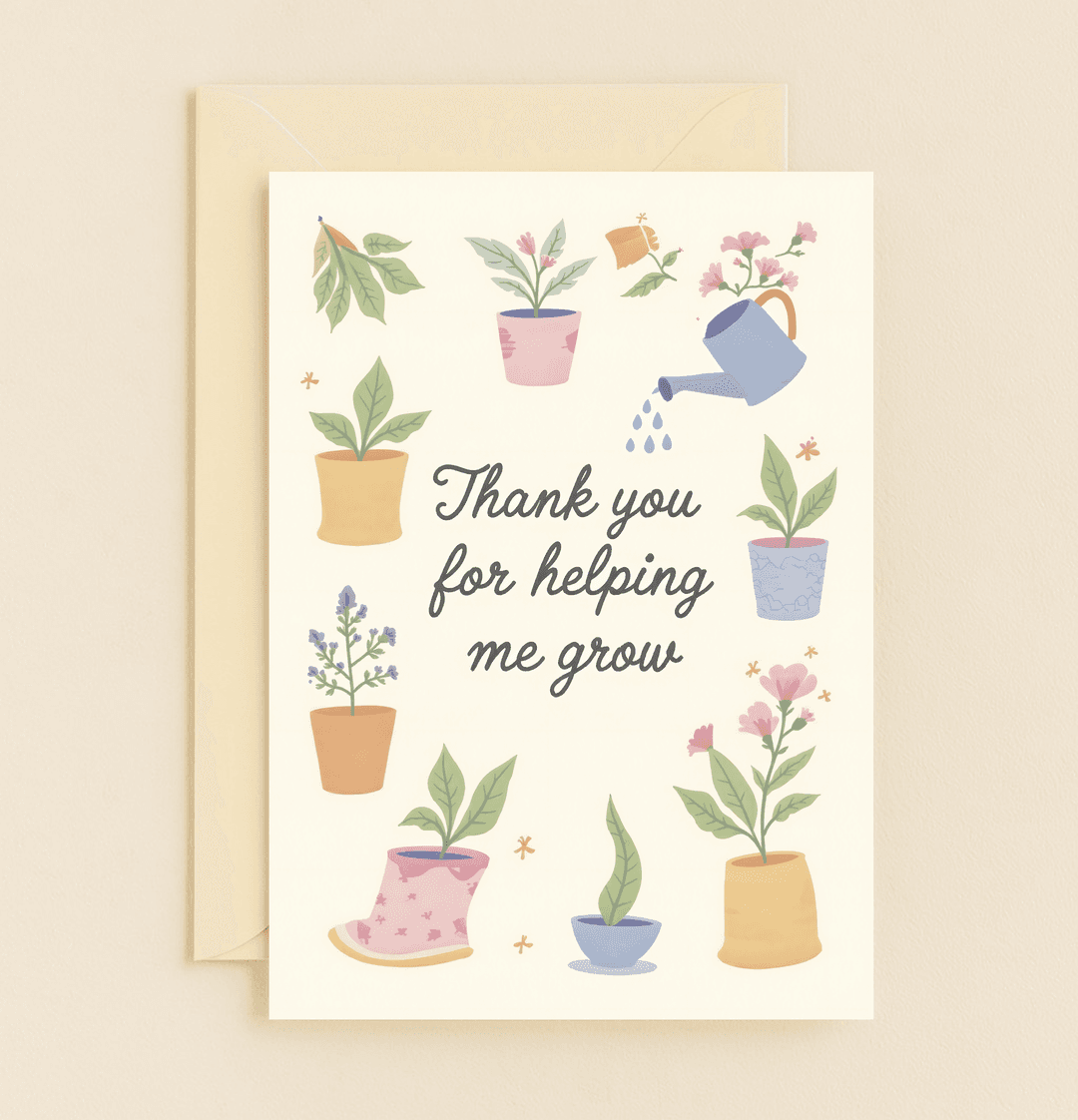 Express your gratitude with this charming card, featuring pastel potted plants and a watering can, celebrating growth and nurturing with heartfelt warmth.