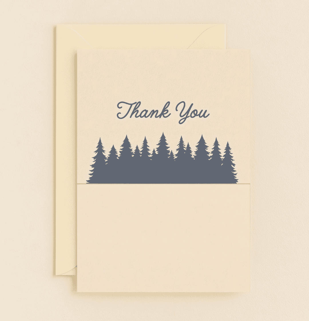 Express heartfelt appreciation with the "Evergreen Gratitude" card, featuring elegant pine tree silhouettes and a cursive "Thank You" on a serene beige background.