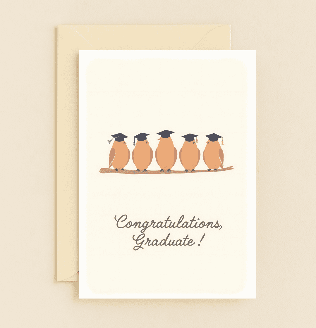 Celebrate graduation with a charming card featuring a pun-filled flock of cartoon birds in caps, perfect for the future scholar in your life.