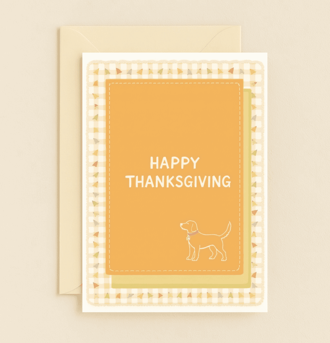 Celebrate Thanksgiving with this cozy card featuring a charming dog illustration, autumnal hues, and a festive checkered pattern.