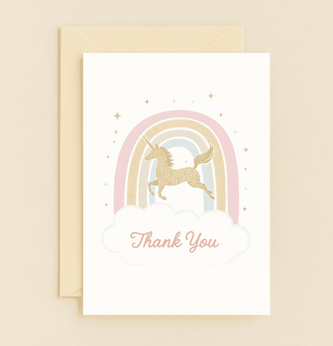 Express heartfelt thanks with a whimsical card featuring a glittering unicorn, pastel rainbow, and sparkles, all elegantly layered with a soft pink "Thank You.