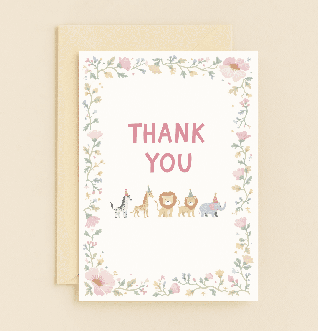 Express your gratitude with a whimsical touch; this floral thank you card features playful animals in party hats, perfect for sending cheerful appreciation.