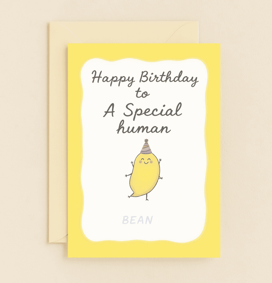 Celebrate in style with this cheerful birthday card featuring a pun-loving bean in a party hat, perfect for adding a playful touch to any special day!.