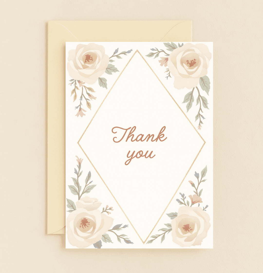 Express gratitude with elegance through our "Floral Appreciation Delight" card, featuring pastel roses and gold accents for a sophisticated thank you.