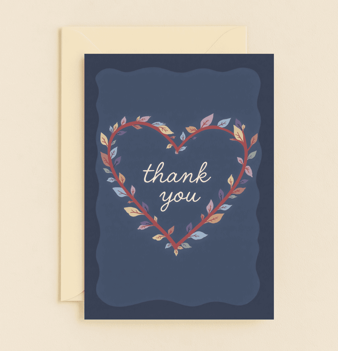 Express your heartfelt thanks with this elegant card featuring a vibrant heart of intertwined branches and leaves on a deep blue backdrop.