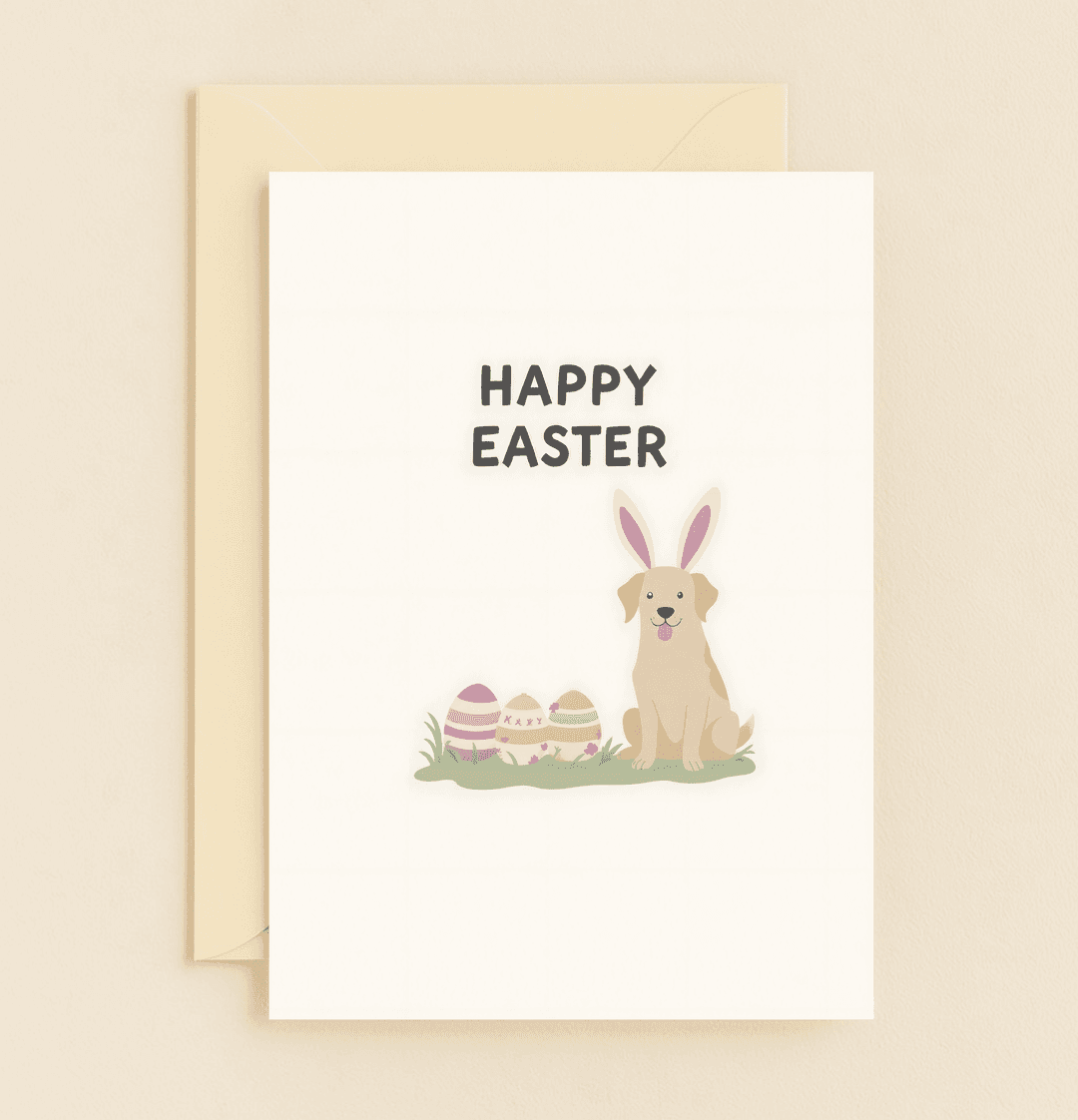 Celebrate Easter with a playful card featuring a cute dog in bunny ears surrounded by colorful eggs, perfect for spreading festive joy and smiles.