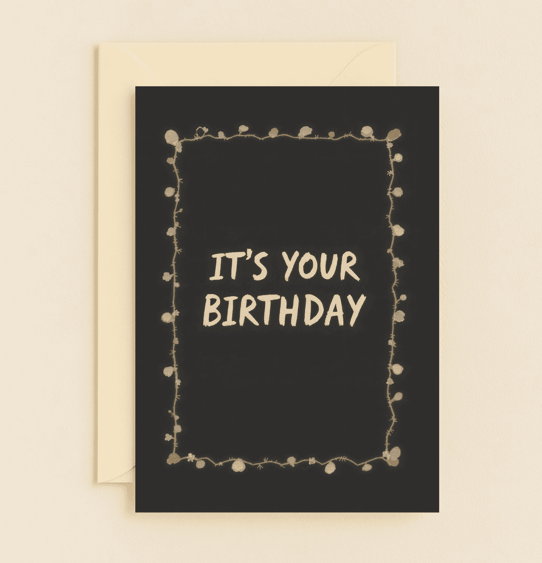 Celebrate birthdays with simple elegance through a chic black card featuring bold white text and a festive dotted border of multicolored abstract art.