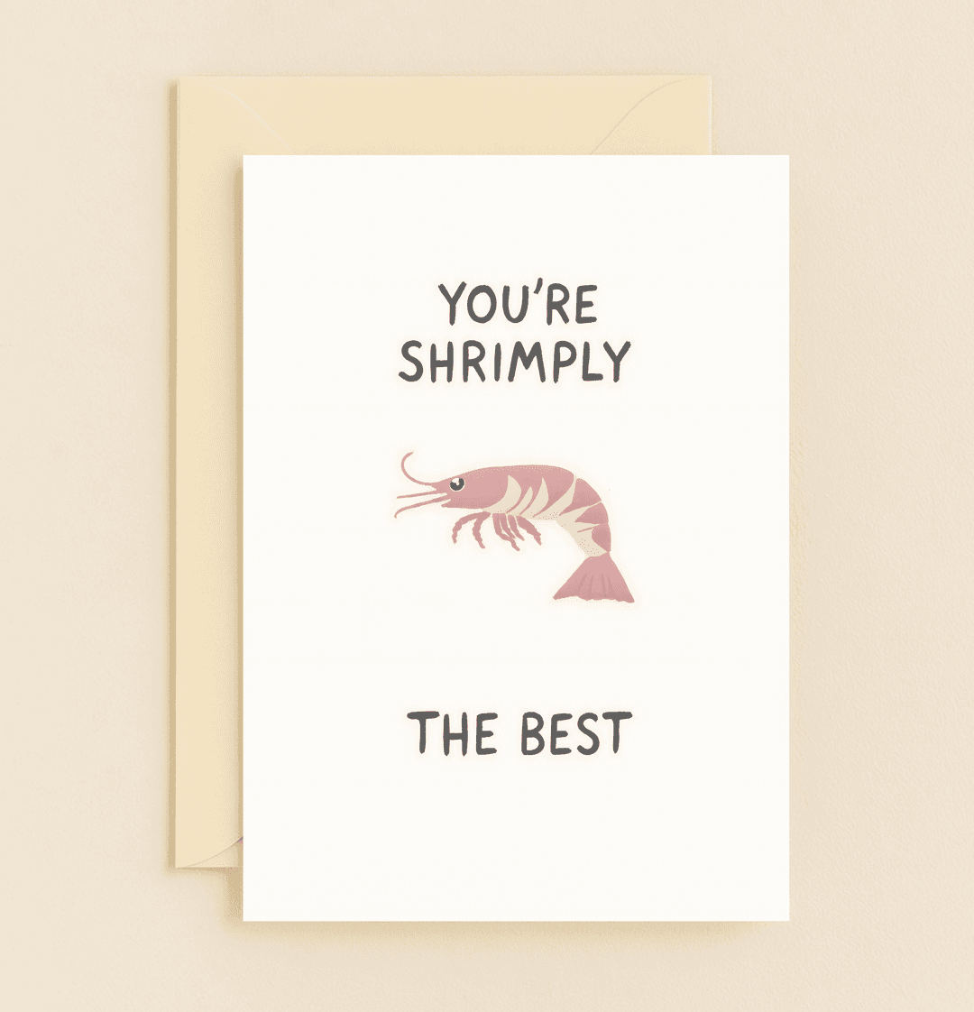 Express your gratitude with a splash of humor with our "Shrimply Irresistible Gratitude" card, featuring playful shrimp-themed wordplay perfect for saying thanks.