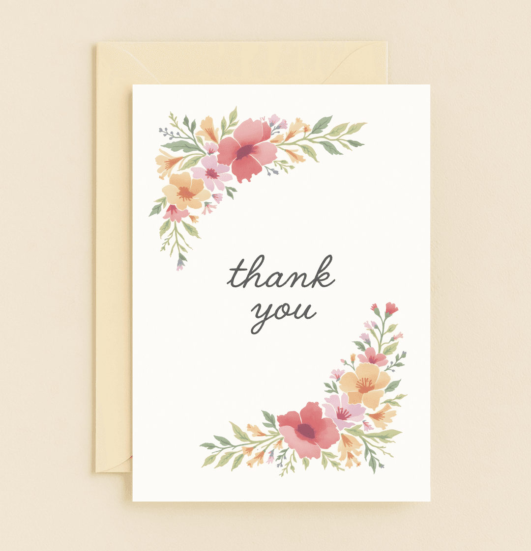 Express your heartfelt thanks with a beautifully simple card featuring elegant script and vibrant watercolor floral arrangements.