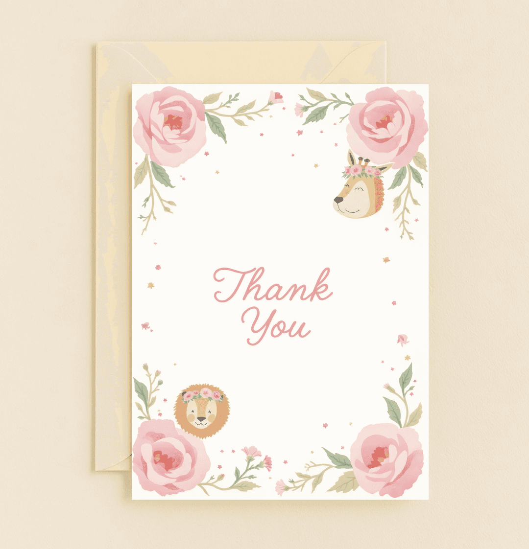 Express your gratitude with this whimsical pastel card featuring a giraffe and lion in floral crowns, surrounded by watercolor roses and elegant cursive.