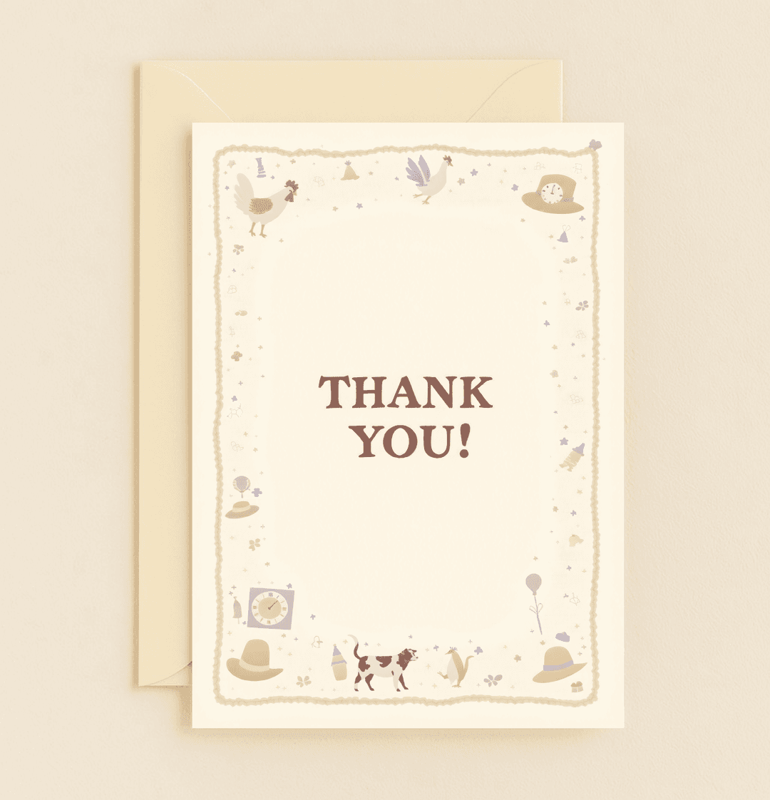 Express your gratitude with rustic charm through this whimsical thank-you card, featuring countryside motifs like roosters, cows, and soft, muted colors.