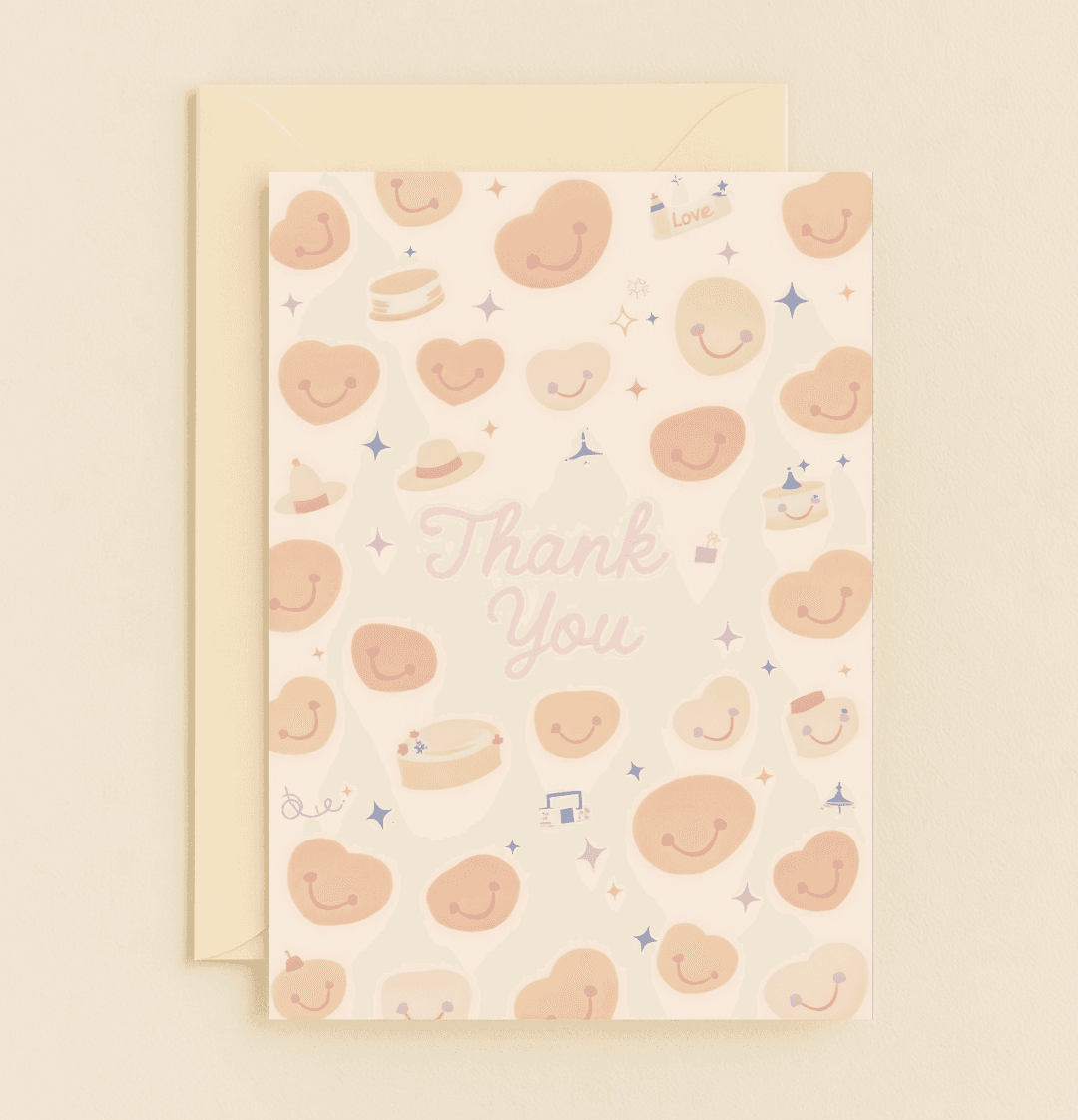 Express heartfelt thanks with this whimsical card featuring smiling hearts, pastel hues, and playful elements like hats and cake for a joyful touch.