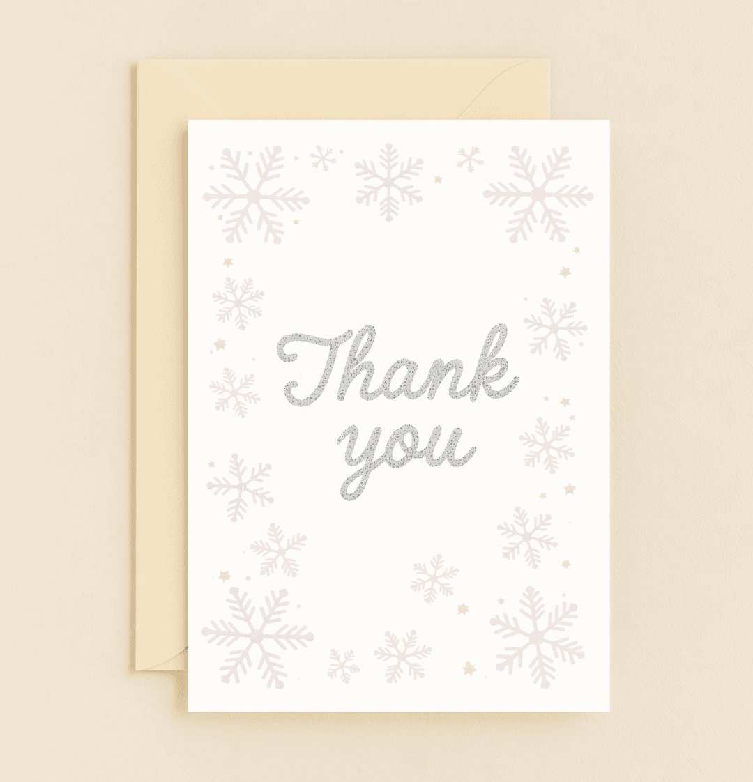 Express heartfelt thanks with our Snowy Gratitude card, featuring elegant snowflakes and stars in soft hues for a festive winter touch.