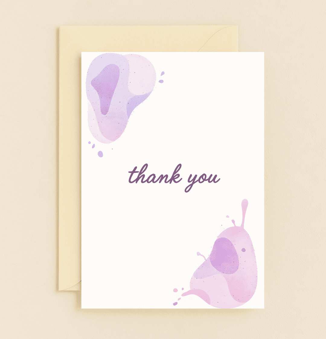 Express heartfelt thanks with "Splashes of Gratitude," featuring elegant purple script and playful watercolor blobs in soft pink and purple on a white canvas.
