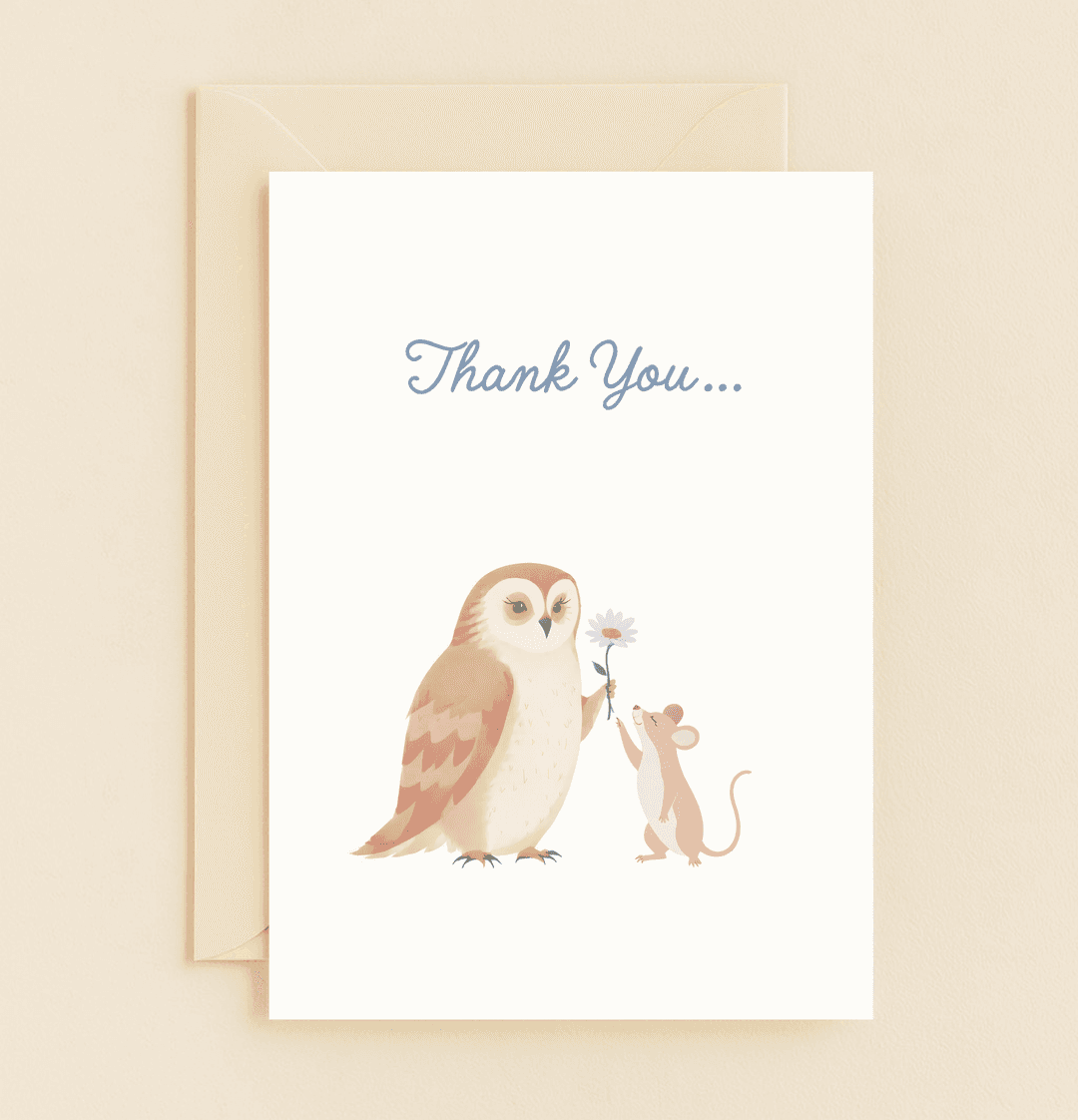 Express heartfelt thanks with a charming card featuring a wise owl and a cute mouse sharing a daisy on a simple, elegant backdrop.