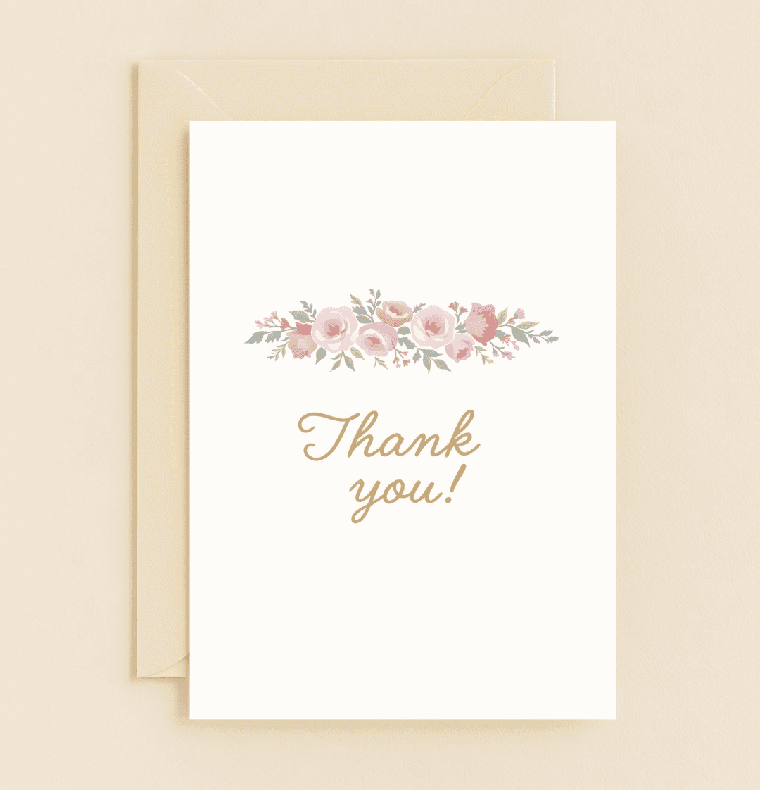 Express your heartfelt thanks with the "Blooms of Gratitude" card, featuring elegant watercolor roses and graceful gold cursive on a clean white background.