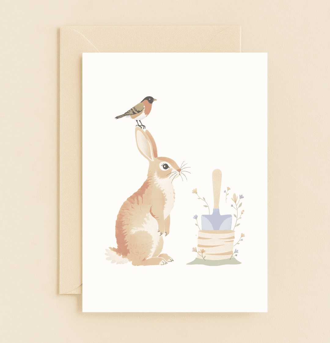 Celebrate Easter with "Nature's Whisper," a charming card featuring an illustrated rabbit, bird, and wildflowers, perfect for nature lovers this springtime.