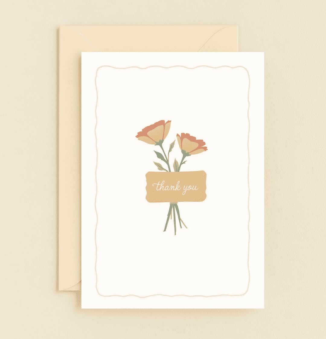 Express heartfelt thanks with "Blossoms of Gratitude," featuring elegant orange flowers and a cursive banner on a minimalist, handcrafted card.