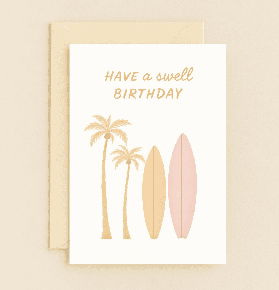 Catch a wave of happiness with our "Ride the Waves of Birthday Joy" card, featuring playful puns and a serene beach vibe with palm trees and surfboards.