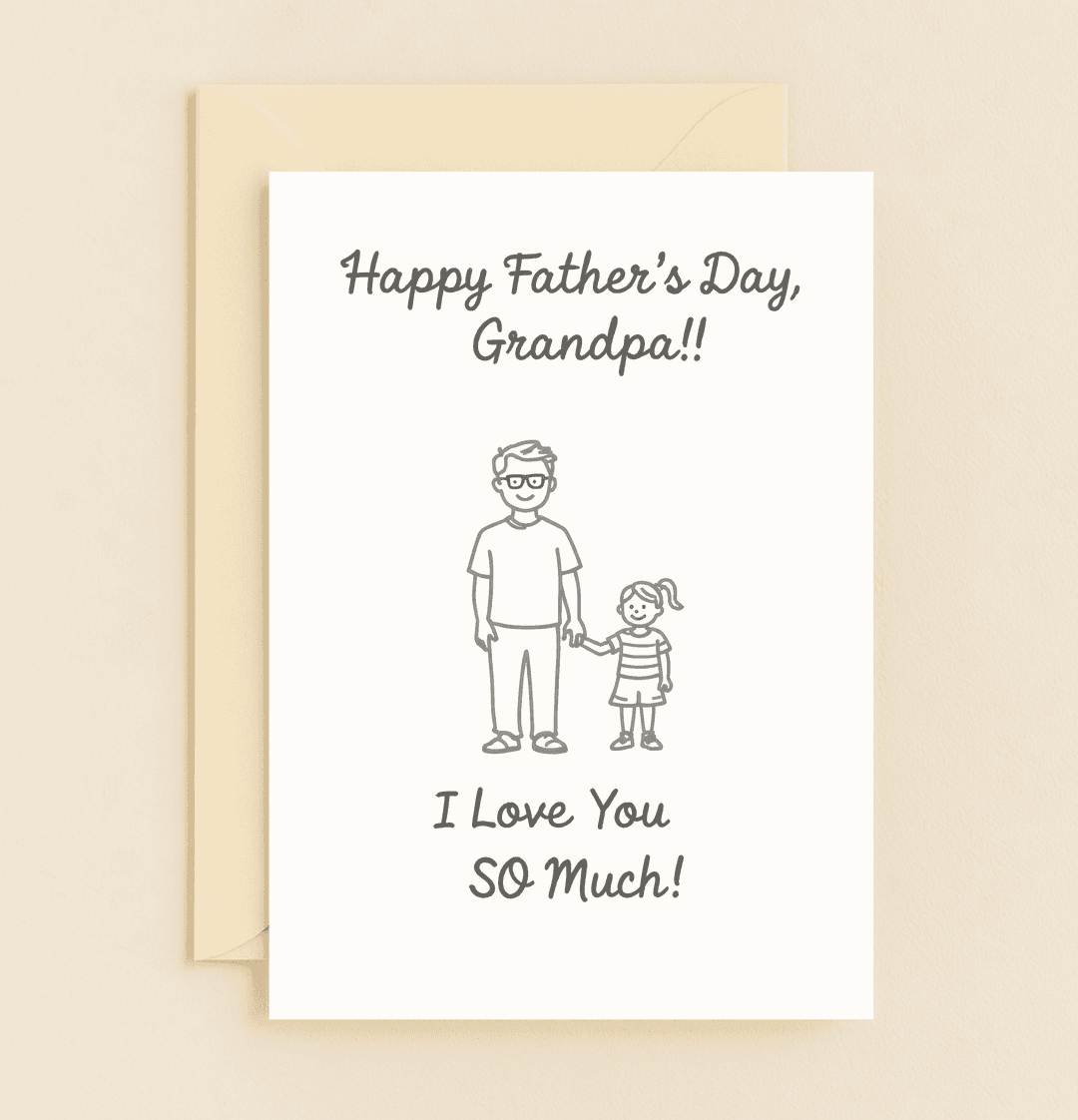 Celebrate Father's Day with a heartwarming card featuring a charming line drawing of a grandpa and granddaughter, perfect for family bonding moments.