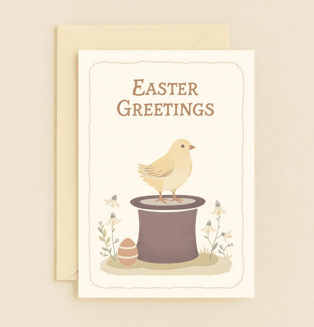 Celebrate Easter with a charming card featuring a pastel chick atop a top hat, surrounded by flowers and an Easter egg, perfect for springtime joy.