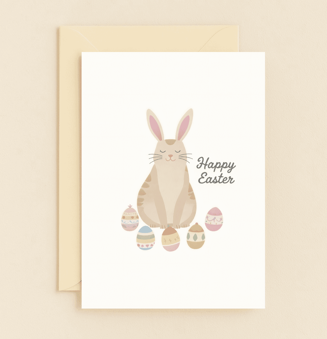 Celebrate Easter with a whimsical card featuring a serene bunny and colorful eggs, sharing "Eggstra Special" joy through playful wordplay and charming design.