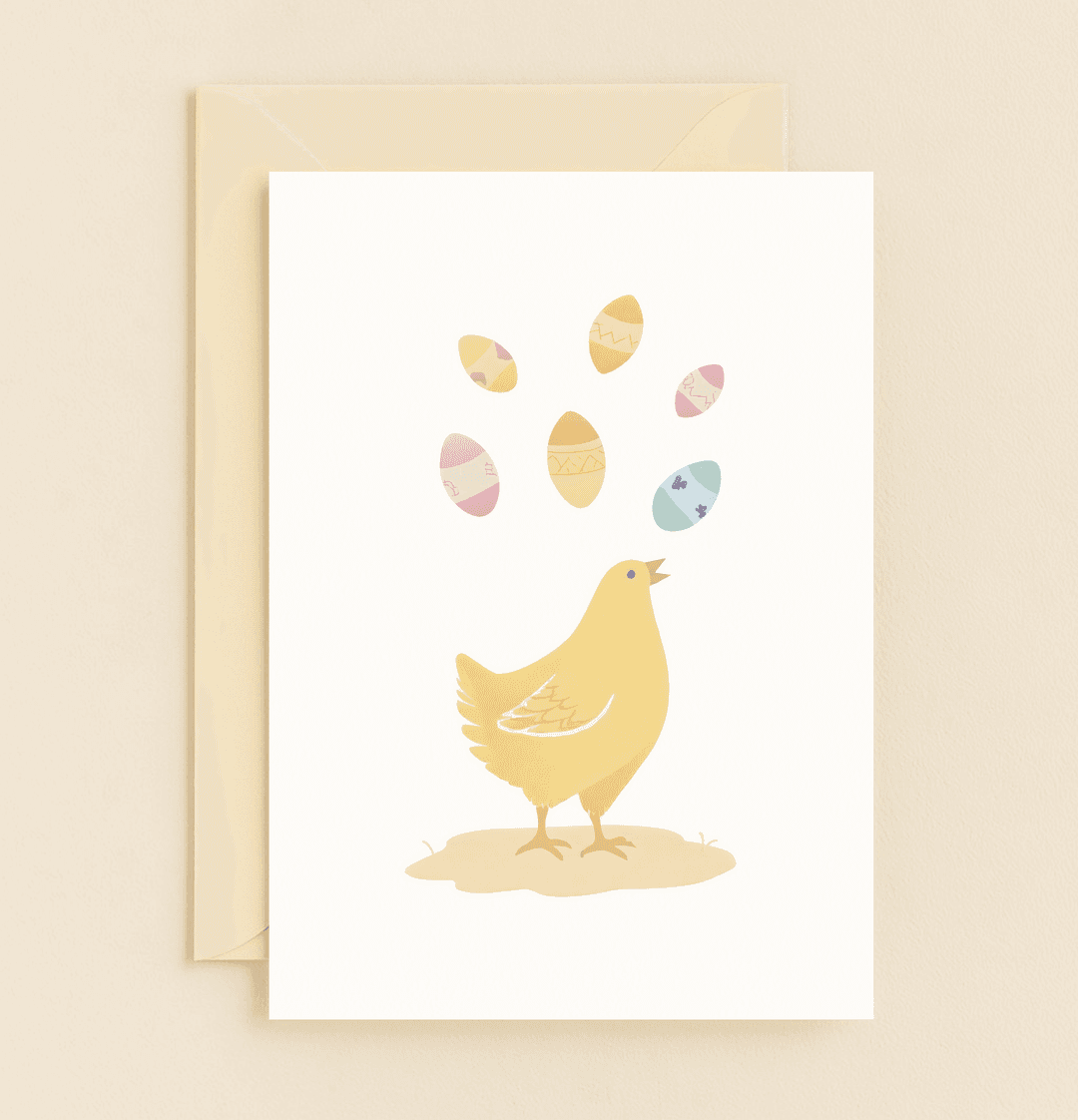 Celebrate Easter with a playful card featuring a cute chick and pastel Easter eggs, perfect for spreading smiles with its delightful puns and charming design.