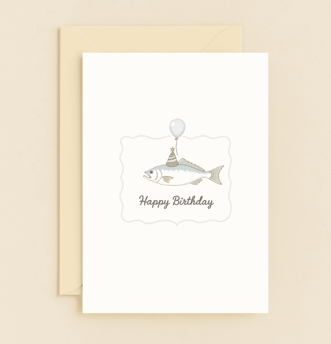 Celebrate a "fin-tastic" birthday with this whimsical card featuring a festive fish in a party hat and balloon, perfect for pun lovers!.